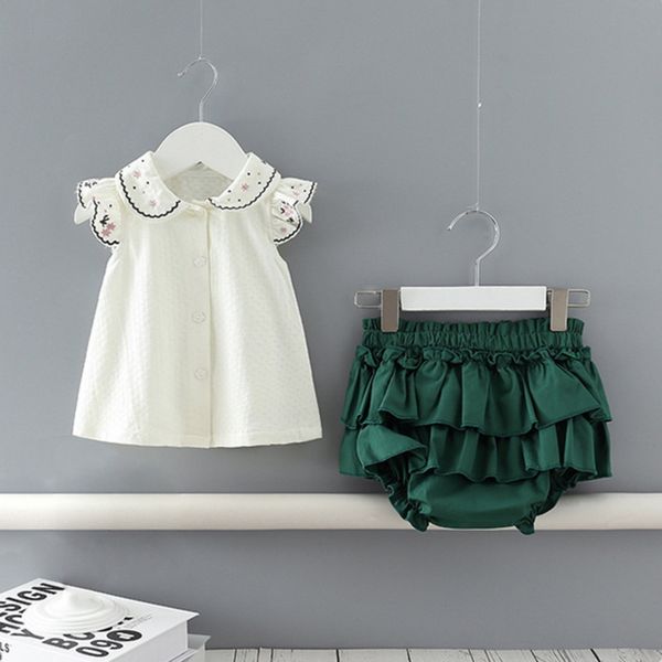 

2021 spring new girls 2-pcs sets sleeveless peter pan collar white + green solid color shorts kids clothes e9212