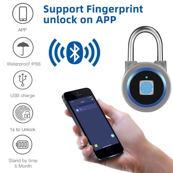 Portable Bluetooth Inteligente Keyless Bloqueio Aplicativo à prova d'água / impressão digital desbloquear a porta do cadeado de segurança anti-roubo Y200407