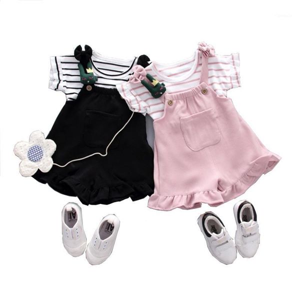 

clothing sets summer baby girls kids striped t-shirt cartoon decoration strap shorts sports suit born outfit infant clothes sets1, White