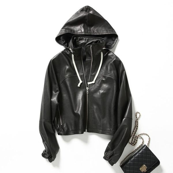 

fashion european station hooded zipper stitched leather women's short coat leather jacket lambskin slim women, Black