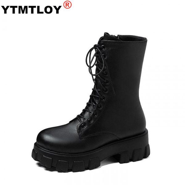 

2020 новый середина теленок boots женщины осень зима мода шнуровка zipper botas mujer сапоги спорта платформы пятки женская обувь, Black