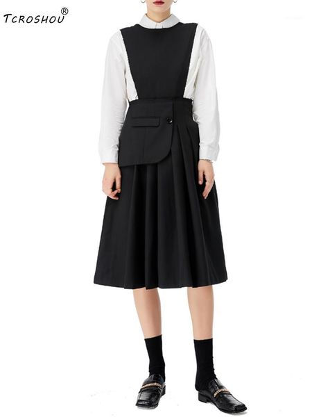 

solid color round neck pullover all-match suspender dress ladies autumn new high waist pleated loose big swing1, Black;gray