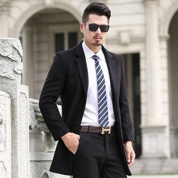 

men's wool & blends coat long thick high-end business casual wear, Black