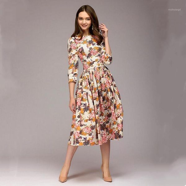 

2019 new women casual knee-length dress elegant printing o-neck a-line vestidos women autumn fashion bottom dress1, Black;gray