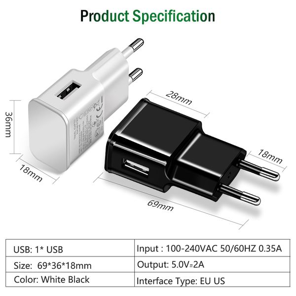 5V 2A US EU Stecker Wand Reise USB Ladegerät Adapter Für Samsung Galaxy S5 S4 S6 Hinweis 3 2 für iPhone 7 6 5 HTC Huawei Xiaomi Einfach und praktisch