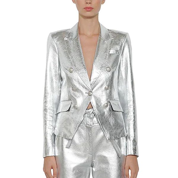 

high street baroque fashion designer jacket women's lion metal buttons faux silver leather blazer outer coat 201201, White;black