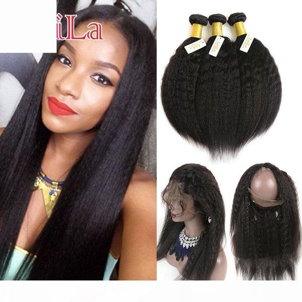 

malaysian 360 lace frontal with bundles natural hairline kinky straight pre plucked lace frontal human hair virgin hair coarse yaki, Black;brown