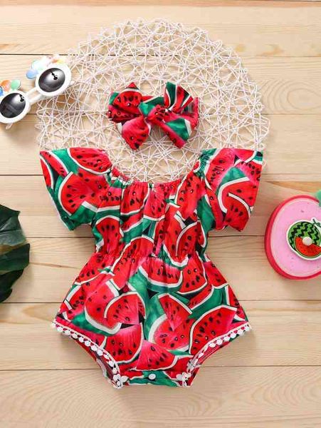 

baby girl watermelon print bodysuit with headband she, Blue