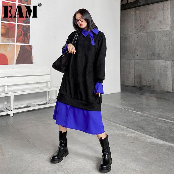 

[eam] women black contrast color big size suede long dress new lapel long sleeve loose fit fashion spring autumn 2020 1dd0652, Black;gray