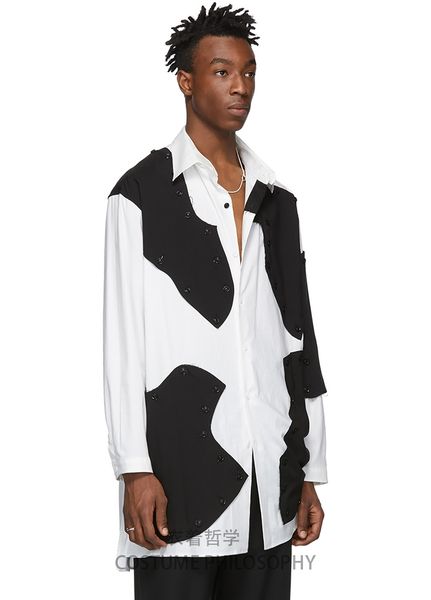 

2020 sewing men shirt assimic irregularity blocks loose complete paste square patchwork cow standard reader project shirts sofy, White;black
