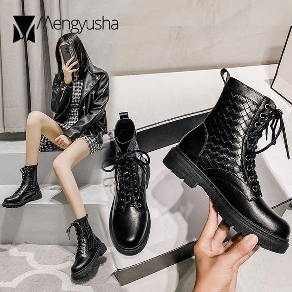 

boots women lace up weave mid-calf botines mujer 2021 creepers thick heels knitted knight botas femmes winter plush riding botte, Black
