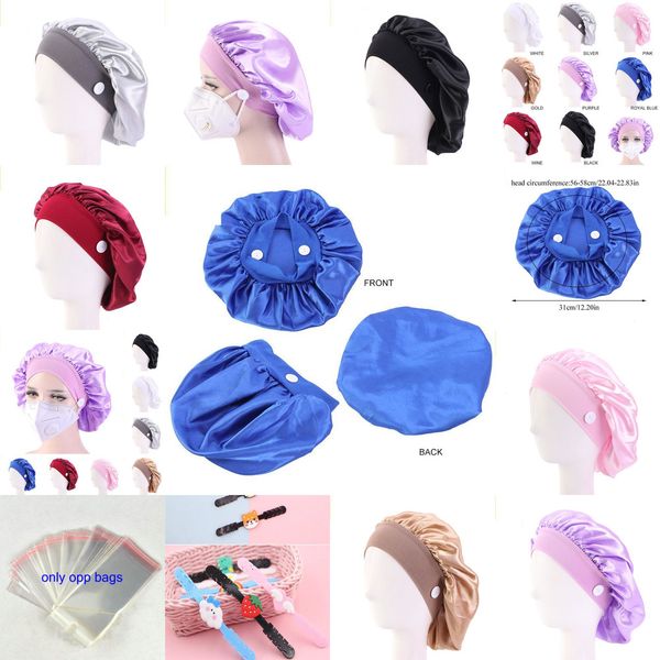 

solid women satin bonnet loss fashion night sleep hat button mask holder turban caps ladies elastic hair bands chemo cap osott