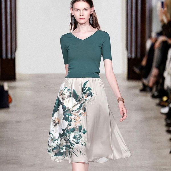 

two piece dress women elegant skirt sets short sleeve v-neck knitted shirts&floral printed a-line office lady work sets1, White