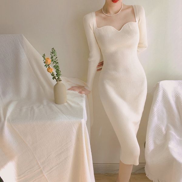 

2021 new french retro palace style neck knitted dress temperament slim bottom bag hip design long skirt female xvto, Black;gray