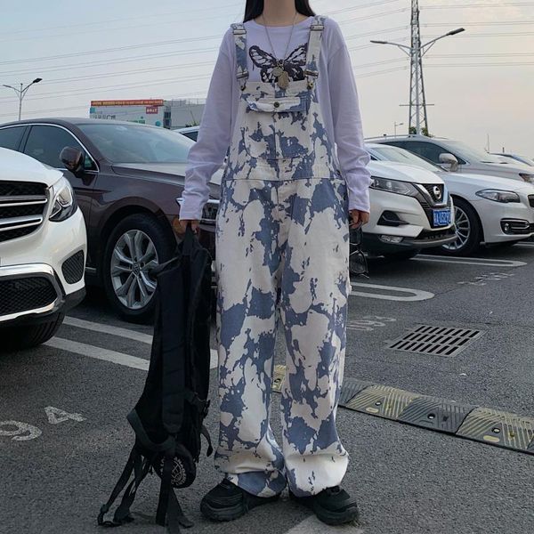 

romper streetwear harajuku jeans woman man pant korean strap suspender pocket baggy cow tie dye print contrast denim, Black;white
