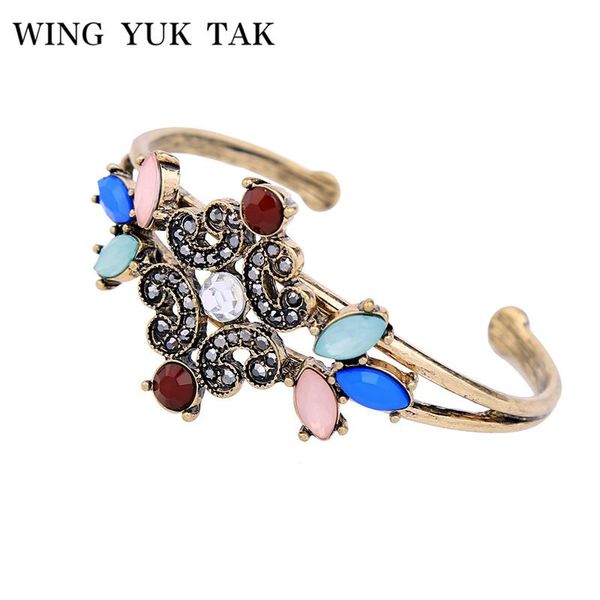 

wing yuk charm vintage gold color brand jewelry crystal flowers bracelets for women fashion alloy statement pulseira, Black
