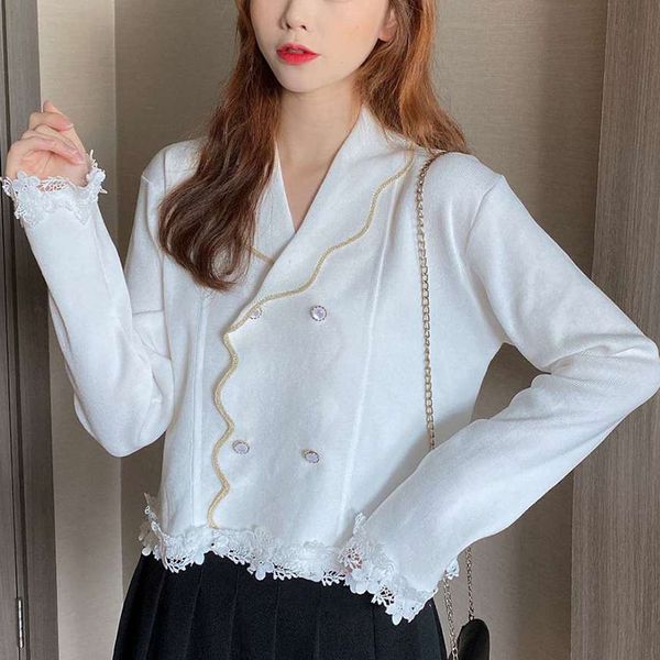 

2021 new knitted cardigan women solid kawaii knit sweater coat fashion korean style knitwear lace new female autumn women's clothing ai, White;black