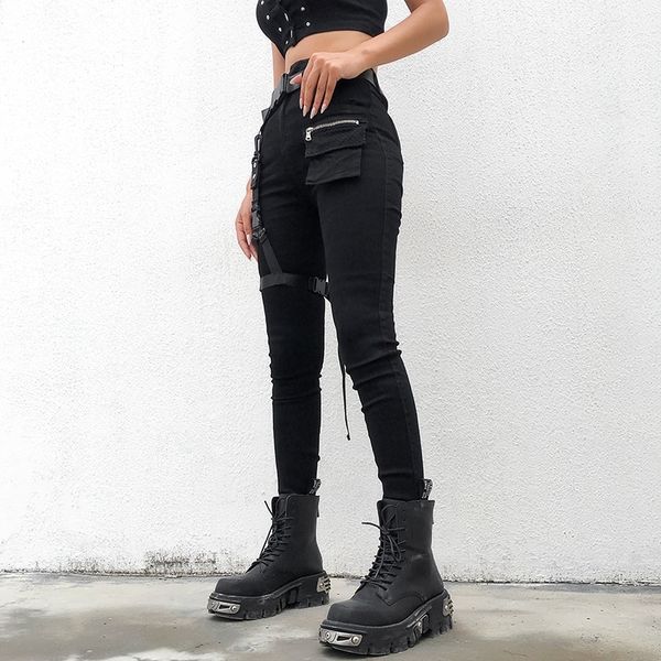 

heyoungirl high waist skinny black women harajuku punk style denim pants with leg ring sashes highwaist jeans streetwear y200417, Blue