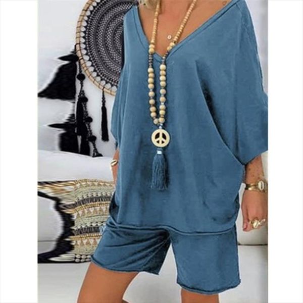 

new women summer casual suit fashion pullover large size shirt two piece suit shorts solid v neck plus size suit, Gray