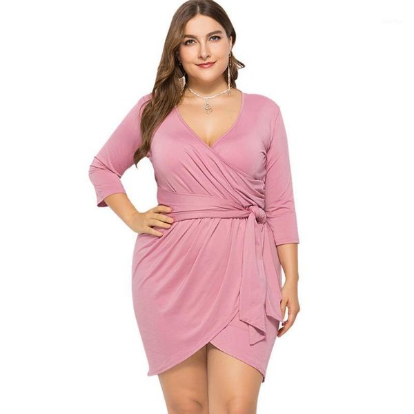 

plus size women belt dress three quarte sleeve v-neck bodycon dress with sashes female office party work vestido1, Black;gray