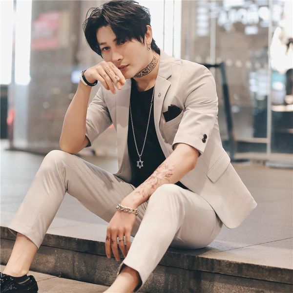 

2020 suit men wedding suits for men short sleeve 2 pcs set summer korea slim fit dress tuxedo black suit costume homme terno1, White;black