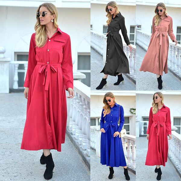 

long style lapel neck casual dress with button autumn fashion elegant women long sleeve clothing solid color shirt dresses womens designer, Black;gray