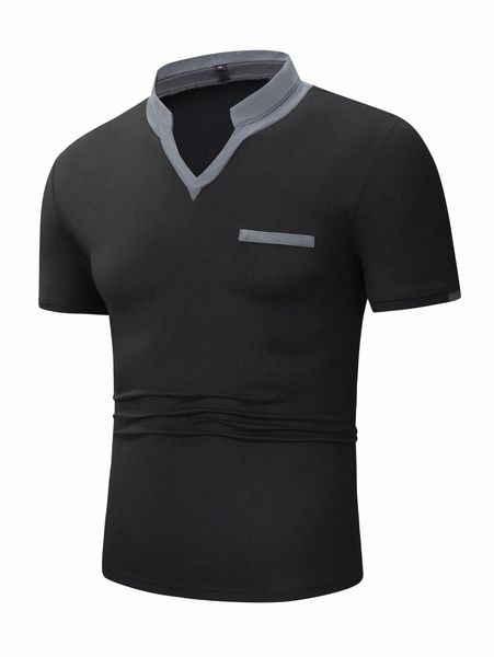 

men contrast panel notched neck polo shirt m9ft#, White;black