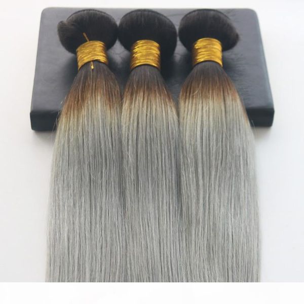 

прямые ombre волос # 1b выцветания в #silver бразильский девы волос 100g в пакет 3шт lot связки утков волос extensions, Black