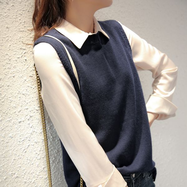 

2021 new women knitted or crocheted 100% neck-to-neck neck long black crewneck vest soft sheep wool sleeveless swaeter 3otc, White;black