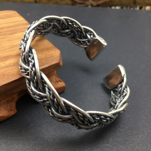 Bracciale rigido per coppie vintage da uomo e da donna, intrecciato a mano, in argento sterling