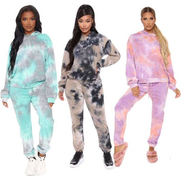 

winter and women's sleeve sweater autumn long pants tie dye printed casual sportswear set, Gray