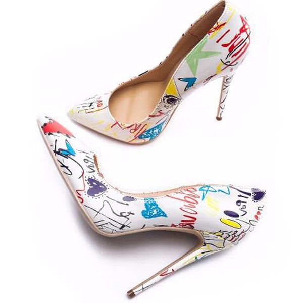 

women heels graffiti colorful bridal shoes women pumps high heels pointed toe party wedding shoes stiletto plus size 35-42 t200525, Black