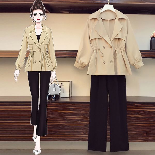 

2020 autumn new large fashion women's wear medium and long style waist cover buttock hide meat show thin windbreaker wide leg set pants, Gray