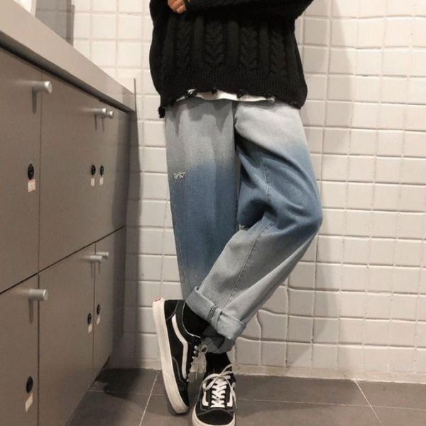 

men's jeans men's retro embroidery gradient color straight-leg korean loose casual wide leg long pants spring male jeans1, Blue