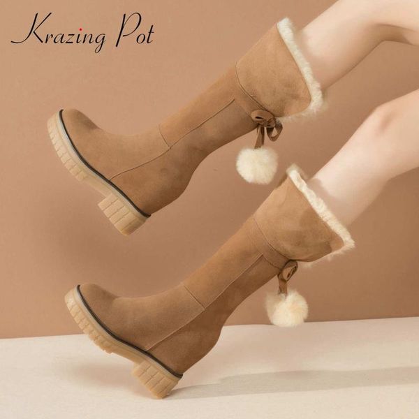 

krazing pot snow boots cow suede classic colors keep warm round toe thick high heel increasing beauty lady mid-calf boots l85, Black
