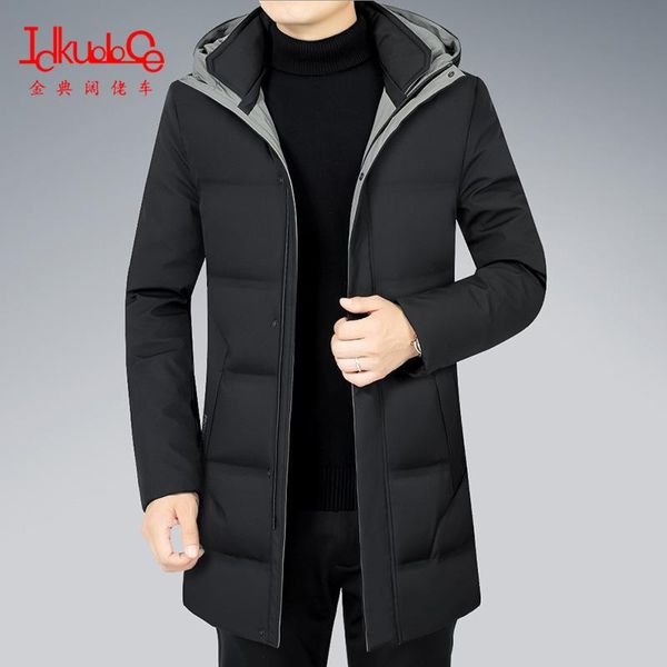 

a batch of winter new down jacket men's middle-aged casual hooded mid long thickened white duck down father's coat, Black