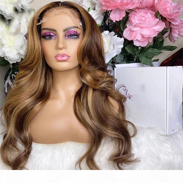 

glueless peruvian remy highlight wave 13x4 lace front human hair wigs with baby hair 180 density for women bleached knots blonde, Black;brown
