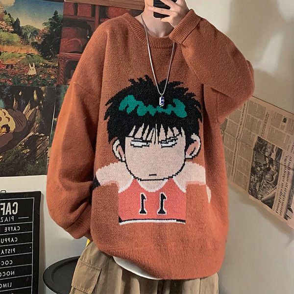 

men's sweaters japanese fashion round neck knit sweater men pullover loose casual anime print all-match hip hop harajuku korean clothes, White;black
