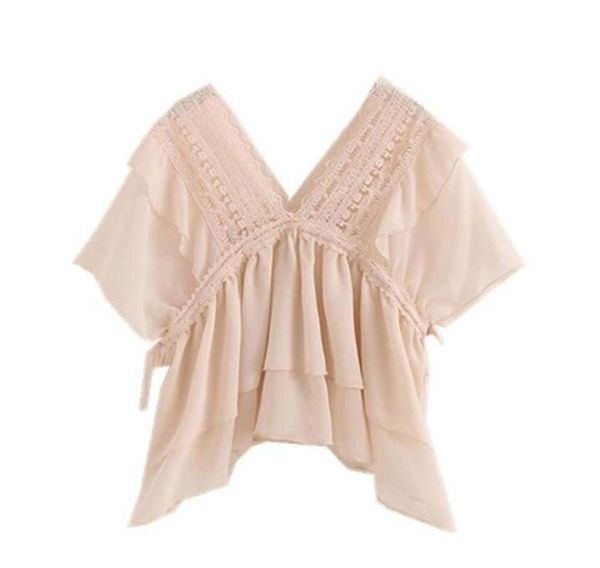 

summer women chiffon blouse deep v-neck sweet shirt, White