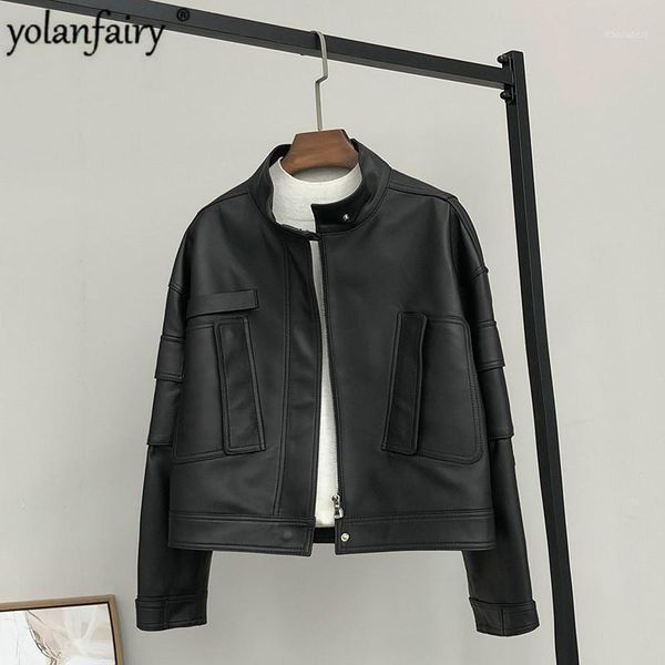 

real leather jacket women 100% sheepskin coat short fashion leather jacket 2020 spring autumn pockets cuero genuino 8602 pph4161, Black