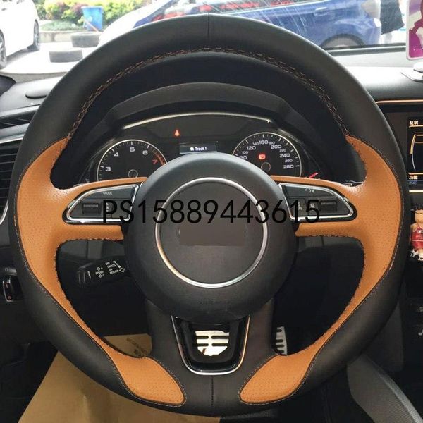 

hand-stitched car steering wheel cover orange black leather for audi q3 q5 2013 2014 2015