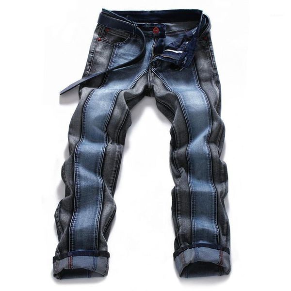 

2018 mens harajuku stripe denim jeans casual biker slim straight pants men blue designer splice jeans 42 44 46 plus size1