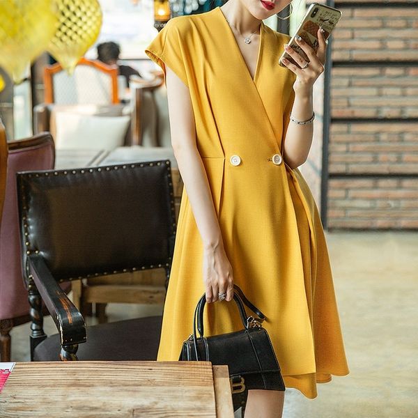 

xtocw dress high waist double sycsa slub texture v-neck large length mid swing skirt 2020 slim dresslong skirt dress summer md030281-02 brea, Black;gray