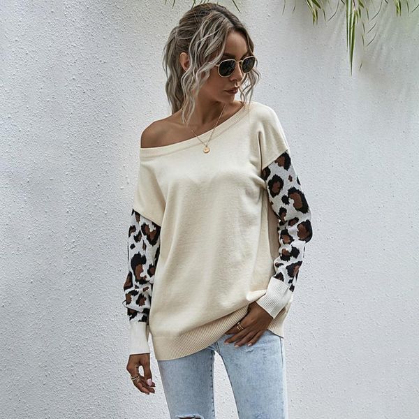 

sweater 2020 autumn/winter women's sleeves leopard print stitched casual women's sweater knit sweater, White;black