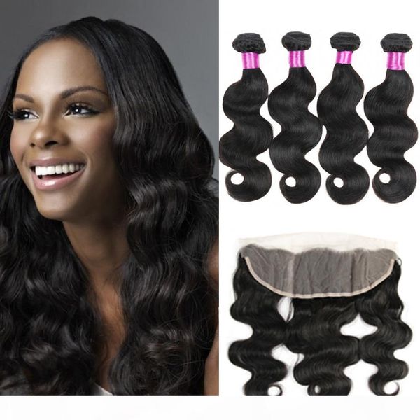 

brazilian indian malaysian virgin hair body wave with 13x4 full lace frontal closure natural color 9a remy human hair weave with closure, Black;brown