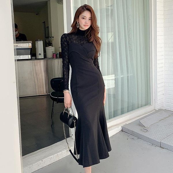 

new winter long midi formal party dress elegant black lace turtle neck long sleeve trumpet / mermaid dress two-piece outfit 20201, Black;gray