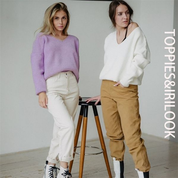 

ies fall woman sweater loose deep v-neck one shoulder sweater white knitter korean winter clothes 210218, White;black