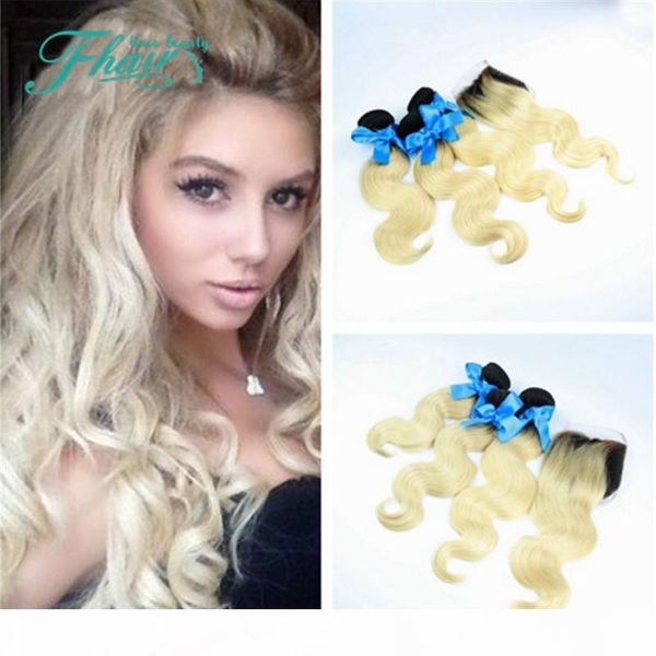 

7a quality mongolian 3 pcs ombre hair extensions with closure human hair body wave two tone color #1b 613 dhl, Black