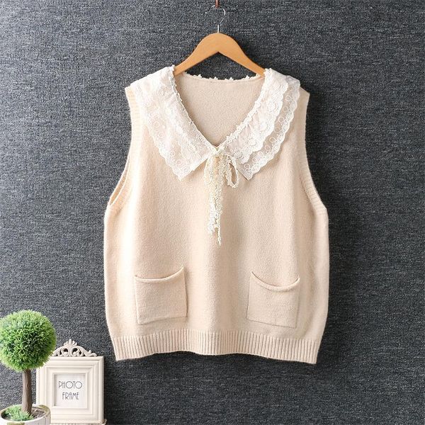 

lolita lace peter pan collar bow tie sleeveless knitted tank vest 2020 winter, Black;white