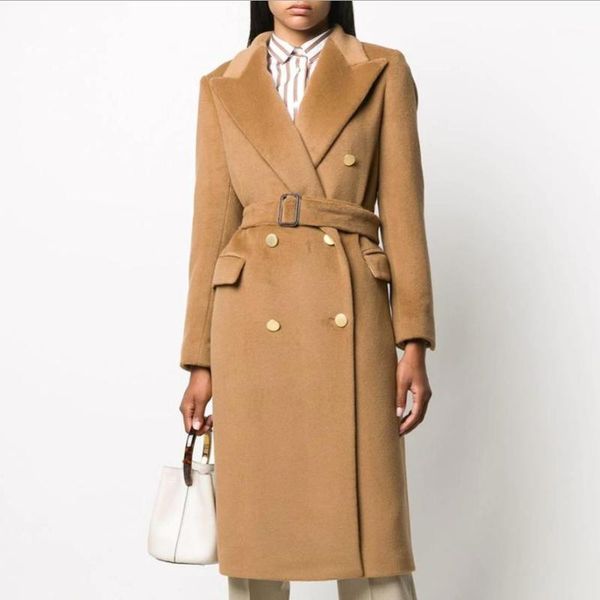 

autumn winter wool blends women double breasted coats elegant overcoat long overcoat1, Black